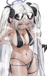 Rule 34 | 1girl, bikini, black bow, blue archive, bow, breasts, cleavage, closed eyes, cowboy shot, highres, iori (blue archive), large breasts, leg strap, long hair, navel, poharo, pointy ears, side-tie bikini bottom, simple background, solo, standing, sunglasses, sunglasses on head, sweat, sweatdrop, swimsuit, tan, thick thighs, thighs, twintails, upper body, very long hair, white background, white hair