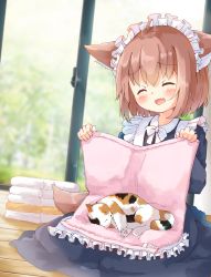 1girl, :d, ^ ^, absurdres, animal, animal ear fluff, animal ears, animal on lap, brown hair, cat, cat on lap, closed eyes, dog ears, dog girl, dog tail, dress, ears down, eyes closed, fang, floor, full body, highres, indoors, long sleeves, maid, maid headdress, manabe mana, open mouth, original, short hair, skin fang, smile, tail, towel, wooden floor