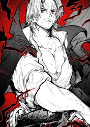Rule 34 | 1boy, cape, facial hair, greyscale with colored background, haki, highres, muscular, one piece, pectorals, red background, red eyes, red hair, scar, scar across eye, scar on face, shanks (one piece), shirt, short hair, simple background, solo, standing, sword, weapon, white shirt, yotsumi shiro