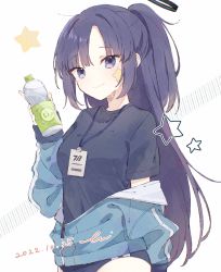 Rule 34 | 1girl, black shirt, blue archive, blue buruma, blue jacket, bottle, buruma, closed mouth, cowboy shot, dated, figmnts, halo, hand up, highres, holding, holding bottle, id card, jacket, jacket partially removed, lanyard, long hair, long sleeves, looking at viewer, parted bangs, partially unzipped, purple eyes, purple hair, shirt, sidelocks, simple background, smile, solo, star (symbol), sticker on face, track jacket, water bottle, white background, yuuka (blue archive), yuuka (track) (blue archive)