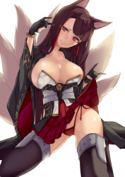 Rule 34 | 1girl, akagi (azur lane), animal ears, azur lane, backlighting, black gloves, black kimono, black thighhighs, blunt bangs, blush, breasts, brown hair, cleavage, clenched teeth, fox ears, fox shadow puppet, fox tail, frown, gloves, hakama, hakama short skirt, hakama skirt, hands up, japanese clothes, kimono, kitsune, kneeling, large breasts, long hair, looking at viewer, multiple tails, obi, open clothes, open kimono, panties, parted lips, partially fingerless gloves, pleated skirt, red eyes, red panties, red skirt, ribbon trim, sash, satou daiji, side-tie panties, simple background, skirt, solo, tail, teeth, thighhighs, thighs, underwear, white background