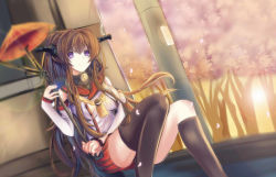 Rule 34 | 10s, 1girl, black skirt, black thighhighs, brown hair, cherry blossoms, detached sleeves, hair ornament, holding, holding umbrella, kantai collection, long hair, looking at viewer, pleated skirt, purple eyes, re:rin, sitting, skirt, smile, solo, thighhighs, tree, umbrella, yamato (kancolle), zettai ryouiki