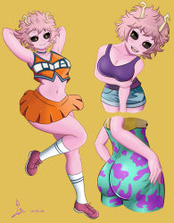 Rule 34 | absurdres, ashido mina, ass, bare arms, bare shoulders, boku no hero academia, breasts, casual, cheerleader, choker, collarbone, colored skin, hair between eyes, highres, horns, laceysx, leggings, medium breasts, messy hair, miniskirt, open mouth, pink hair, pink skin, purple shirt, school uniform, shirt, shoes, short hair, shorts, skirt, smile, sneakers, stomach, thick thighs, thighs, yellow eyes