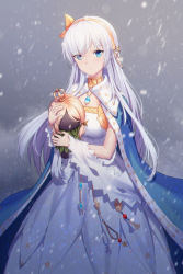 Rule 34 | 1girl, absurdres, anastasia (fate), artist request, blue eyes, crown, dress, fate/grand order, fate (series), grey hair, hair between eyes, hair ornament, hair over one eye, hairband, highres, jewelry, leaf hair ornament, long hair, mini crown, necklace, hugging object, royal robe, snowing, solo, very long hair, white dress