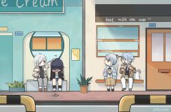 Rule 34 | 1boy, 3girls, ayaka (genshin impact), black hair, black jacket, black shirt, black socks, blue hair, blue jacket, brother and sister, brown footwear, brown jacket, brown skirt, bubble tea, chibi, commentary, cup, disposable cup, drinking straw, genshin impact, grey pants, headpat, holding, holding cup, jacket, kamisato ayato, long hair, looking at another, multiple girls, open clothes, open jacket, pants, plant, ponytail, potted plant, shenhe (genshin impact), shirt, shoes, siblings, sitting, skirt, socks, white footwear, white hair, white pants, xinzoruo, yelan (genshin impact)