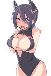 Rule 34 | 10s, 1girl, angry, black one-piece swimsuit, blush, breast hold, breast lift, breasts, cleavage, eyepatch, female focus, front zipper swimsuit, groin, hair ornament, hand on own chest, highleg, highleg swimsuit, highres, kantai collection, kuromu (underporno), large breasts, looking at viewer, meme attire, one-piece swimsuit, open mouth, purple hair, solo, swimsuit, tenryuu (kancolle), unzipped, yellow eyes, zipper