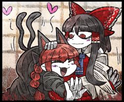 Rule 34 | 2girls, @ @, animal ears, ascot, black border, black bow, black dress, black hair, blunt bangs, blush stickers, border, bow, braid, cat ears, closed eyes, colored skin, detached sleeves, dress, eyebrows, fang, hair between eyes, hair bow, hair ribbon, hair tubes, hakurei reimu, hand on another&#039;s head, hatching (texture), heart, juliet sleeves, kaenbyou rin, linear hatching, long sleeves, multiple girls, multiple tails, open mouth, puffy sleeves, red bow, red eyes, red hair, ribbon, sidelocks, smile, suenari (peace), tail, touhou, tress ribbon, two tails, white skin, wide sleeves