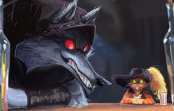 Rule 34 | 2boys, animal ears, black cloak, cape, cat, cat nose, cavalier hat, cloak, cup, death (puss in boots), drinking glass, fangs, feathers, frenchublog, glowing, hat, hat feather, highres, holding, hood, hooded cloak, looking at another, multiple boys, open mouth, orange cat, orange fur, puss in boots: the last wish, puss in boots (shrek), red eyes, sharp teeth, smile, solo, teeth, wolf, yellow feathers