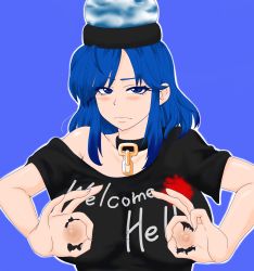 Rule 34 | 1girl, blue background, blue eyes, blue hair, blush, breasts, chain, choker, clothes writing, commentary request, eyebrows hidden by hair, fingernails, frown, gold chain, hecatia lapislazuli, hecatia lapislazuli (earth), highres, huge breasts, long hair, looking at viewer, mitsuwo, nippleless clothes, nipples, no bra, off-shoulder shirt, off shoulder, ok sign, shirt, simple background, solo, torn clothes, torn shirt, touhou
