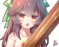 Rule 34 | 1girl, absurdres, arm cannon, black outline, blush, bow, brown hair, collarbone, commentary request, control rod, fang, feng ling (fenglingwulukong), green bow, hair bow, highres, long hair, looking at viewer, nude, open mouth, outline, red eyes, reiuji utsuho, signature, simple background, skin fang, solo, third eye, touhou, upper body, weapon, white background