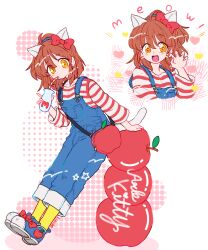 Rule 34 | 1girl, :d, alternate costume, animal ears, apple, arle nadja, artist name, bag, blue footwear, blue overalls, bow, brown hair, cat ears, cat tail, character name, chika009, claw pose, cosplay, cup, drink, drinking, drinking straw, drinking straw in mouth, fang, food, fruit, full body, hair between eyes, hair bow, half updo, heart, hello kitty, hello kitty (character), hello kitty (character) (cosplay), highres, holding, holding cup, leaning forward, long sleeves, looking at viewer, medium hair, multiple views, open mouth, orange eyes, overalls, puyopuyo, red bag, red bow, sanrio, shirt, shoes, signature, simple background, smile, sneakers, socks, star (symbol), striped clothes, striped shirt, tail, white background, yellow socks