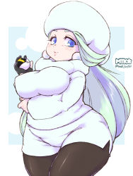 Rule 34 | 1girl, arm under breasts, blue background, blue eyes, blush, breasts, cowboy shot, creatures (company), fur hat, game freak, gloves, green hair, hat, large breasts, lips, long hair, looking at viewer, mature female, melony (pokemon), mtk hoshi, nintendo, plump, poke ball, pokemon, pokemon swsh, single glove, smile, solo, sweater, thick thighs, thighs, ultra ball