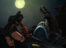 Rule 34 | 1girl, ass, battle, boots, capcom, fighting stance, fishnets, forest, from below, full moon, gauntlets, glowing, glowing eyes, green hair, horns, huge weapon, knife, long hair, monster, monster hunter (series), monster hunter portable 3rd, moon, nargacuga (armor), nature, night, night sky, sheath, sky, sword, vambraces, weapon, yoshikawa hazure, zinogre