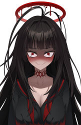 Rule 34 | 1girl, @ @, absurdres, antenna hair, black hair, black sailor collar, black shirt, blue archive, blush, breasts, choker, cleavage, closed mouth, full-face blush, halo, highres, large breasts, long hair, neckerchief, red choker, red eyes, red neckerchief, sailor collar, sbbs, school uniform, serafuku, shaded face, shirt, simple background, smile, solo, straight-on, tsurugi (blue archive), undone neckerchief, white background