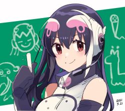 Rule 34 | 1girl, african penguin (kemono friends), bare shoulders, black hair, chalk, chalkboard, commentary request, elbow gloves, gloves, headphones, high collar, kemono friends, kemono friends v project, long hair, microphone, multicolored hair, negishio mgr, official alternate costume, pink hair, red eyes, sleeveless, solo, streaked hair, virtual youtuber, white hair