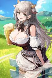 Rule 34 | 1girl, :d, alcohol, animal ears, apron, bare shoulders, beer, beer mug, black bow, black bowtie, blue sky, bow, bowtie, breasts, cleavage, cloud, commentary, cow ears, cow horns, cowboy shot, cup, day, detached collar, detached sleeves, dirndl, german clothes, goomrrat, grass, highres, hololive, horns, kemonomimi mode, large breasts, looking at viewer, mug, open mouth, puffy short sleeves, puffy sleeves, shirogane noel, shirogane noel (dirndl), shirt, short sleeves, sky, smile, solo, standing, thigh strap, thighhighs, virtual youtuber, waist apron, white apron, white shirt, white thighhighs, zettai ryouiki