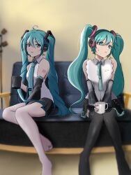 Rule 34 | 2girls, ahoge, aqua eyes, aqua hair, aqua nails, aqua necktie, aqua ribbon, averting eyes, awkward, bare legs, bare shoulders, between legs, black skirt, black sleeves, black thighhighs, blurry, blurry background, closed mouth, commentary, couch, cowboy shot, cup, depth of field, detached sleeves, dual persona, fidgeting, hair ornament, hand between legs, hands on own knees, hatsune miku, hatsune miku (nt), headphones, headset, highres, holding, holding cup, indoors, layered sleeves, light blush, light frown, long hair, looking to the side, miniskirt, multiple girls, nail polish, neck ribbon, necktie, piapro, pleated skirt, raised eyebrow, ribbon, shirt, shoulder tattoo, sitting, skirt, sleeveless, sleeveless shirt, sweatdrop, tattoo, textless version, thighhighs, toenail polish, toenails, twintails, very long hair, vocaloid, white shirt, white sleeves, yoshiyuki eve
