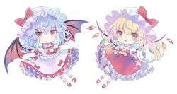 Rule 34 | 2girls, ascot, bat wings, blonde hair, blue hair, brooch, chibi, crystal, flandre scarlet, hat, hat ribbon, hiyuu (hiyualice), jewelry, mob cap, moon, multicolored clothes, multicolored hair, multicolored wings, multiple girls, one side up, pink hat, puffy short sleeves, puffy sleeves, red ascot, red eyes, red moon, red skirt, red vest, remilia scarlet, ribbon, short hair, short sleeves, siblings, side ponytail, sisters, skirt, skirt set, touhou, vest, white hat, wings, wrist cuffs, yellow ascot