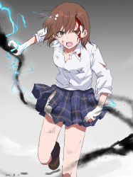 Rule 34 | 1girl, absurdres, angry, black socks, blood, blood on clothes, blood on face, blue skirt, brown eyes, brown footwear, brown hair, collarbone, collared shirt, electricity, electrokinesis, flower, foot out of frame, gradient background, grey background, hair flower, hair ornament, highres, long sleeves, looking at viewer, misaka mikoto, open mouth, psychic, science fiction, shirt, short shorts, shorts, shorts under skirt, simple background, skirt, socks, solo, takatisakana, teeth, thighs, toaru kagaku no railgun, toaru majutsu no index, torn clothes, torn shirt, torn skirt, v-shaped eyebrows, white flower, white shirt, white shorts