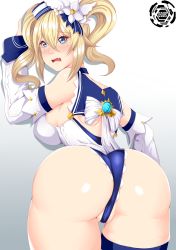 Rule 34 | 1girl, absurdres, against wall, ass, barbara (genshin impact), barbara (summertime sparkle) (genshin impact), bare shoulders, blonde hair, blue eyes, blush, breast press, breasts, detached sleeves, embarrassed, fang, from behind, genshin impact, haarmades, hair ornament, hat, highres, huge ass, large breasts, leotard, long hair, looking at viewer, open mouth, partially visible vulva, shiny clothes, shiny skin, sideboob, single thighhigh, solo, thick thighs, thighhighs, thighs, twintails