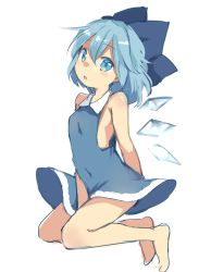 Rule 34 | 1girl, :o, bare legs, bare shoulders, barefoot, blue bow, blue dress, blue eyes, blue hair, bow, breasts, cirno, collared dress, dress, full body, hair between eyes, hair bow, ice, ice wings, kneeling, looking at viewer, open mouth, paragasu (parags112), short hair, simple background, sleeveless, sleeveless dress, small breasts, solo, touhou, wavy hair, white background, wings