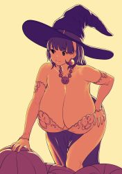 Rule 34 | 1girl, absurdres, breasts, cleavage, cowboy shot, detached sleeves, earrings, erkaz, halloween, halloween costume, hand on own hip, hat, hat belt, highres, huge breasts, jewelry, limited palette, medium hair, necklace, original, pumpkin, rina atherina, side slit, skirt, solo, thighs, unfinished, witch hat, yellow background