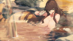 Rule 34 | 1girl, alcohol, bottle, breasts, brown hair, commentary, commentary request, cup, drink, forked tongue, green eyes, holding, holding bottle, lamia, lansane, large breasts, long hair, looking at viewer, monster girl, onsen, open mouth, original, outdoors, partially submerged, sake, sake bottle, scales, sexually suggestive, solo, tongue, water