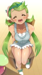 Rule 34 | 1girl, :d, ^ ^, absurdres, bounsweet, breasts, chair, cleavage, closed eyes, collarbone, commentary request, creatures (company), dark-skinned female, dark skin, flower, game freak, gen 7 pokemon, green footwear, green hair, hair flower, hair ornament, happy, highres, long hair, mallow (pokemon), medium breasts, nintendo, ochazuke (blue planet), open mouth, pokemon, pokemon (creature), pokemon sm, shoes, sitting, sleeveless, smile, solo focus, teeth, thighs, twintails