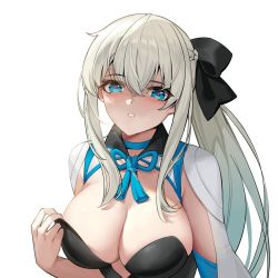 Rule 34 | 1girl, adjusting clothes, black bow, blue choker, blue eyes, blush, bow, breasts, choker, cleavage, cleavage cutout, clothing cutout, commentary request, fate/grand order, fate (series), grey hair, hair bow, heart, heart-shaped pupils, highres, large breasts, long hair, morgan le fay (fate), parted lips, ponytail, shenqi xiao hong zai nali, sidelocks, simple background, solo, symbol-shaped pupils, upper body, white background