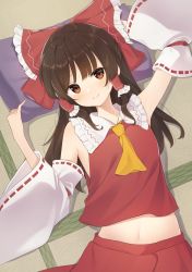 Rule 34 | 1girl, armpits, ascot, bow, breasts, brown eyes, brown hair, detached sleeves, frilled bow, frills, hair bow, hair tubes, hakurei reimu, highres, kanpa (campagne 9), medium hair, nontraditional miko, ofuda, outstretched arms, pillow, red bow, red skirt, ribbon-trimmed sleeves, ribbon trim, skirt, skirt set, small breasts, solo, spread arms, touhou, wide sleeves, yellow ascot