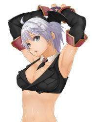Rule 34 | 1girl, armpits, arms behind head, arms up, bad id, bad pixiv id, between breasts, breasts, cleavage, elbow gloves, fantasy earth zero, gloves, midriff, navel, necktie, simple background, solo, toshi makoto, white hair