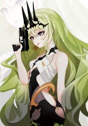 Rule 34 | 1girl, :p, absurdres, backless dress, backless outfit, black dress, black nails, closed mouth, crown, dress, fingernails, green eyes, green hair, gun, h&amp;k usp, handgun, highres, holding, holding gun, holding weapon, honkai (series), honkai impact 3rd, long hair, md5 mismatch, mobius (honkai impact), nail polish, resolution mismatch, sleeveless, sleeveless dress, slit pupils, solo, source smaller, tongue, tongue out, trigger discipline, very long hair, wavy hair, weapon, white background, xyzal (user zufd4822), zoom layer