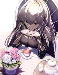 Rule 34 | 1girl, a123456s, absurdres, black dress, brown eyes, butterfly ornament, cup, dress, echidna (re:zero), hand on own chin, head rest, highres, long hair, long sleeves, looking at viewer, parted lips, re:zero kara hajimeru isekai seikatsu, sitting, smile, solo, teacup, white hair
