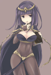 Rule 34 | 1girl, bad id, bad pixiv id, black hair, blunt bangs, bodysuit, book, breasts, bridal gauntlets, cape, circlet, cleavage, contrapposto, covered erect nipples, covered navel, cowboy shot, finger to mouth, fire emblem, fire emblem awakening, grey background, hip focus, holding, holding book, large breasts, light smile, loincloth, long hair, looking at viewer, nintendo, pelvic curtain, purple eyes, purple hair, simple background, sketch, smile, solo, standing, teu (navy), tharja (fire emblem), two side up