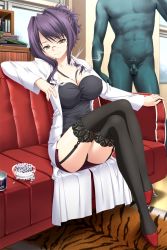 Rule 34 | 00s, 11eyes, 1girl, akamine saiko, ashtray, black garter straps, breasts, brown eyes, cigarette, cleavage, couch, crossed legs, game cg, garter belt, garter straps, glasses, high heels, highres, lab coat, lace, lace-trimmed legwear, lace trim, large breasts, legs, long legs, miniskirt, pencil skirt, purple hair, shoes, sitting, skirt, smile, smoking, solo, statue, thighhighs, thighs