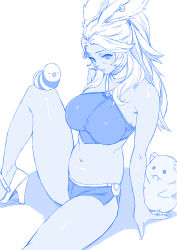 Rule 34 | 1girl, absurdres, animal, animal ears, animal on hand, animal on leg, arm support, bare shoulders, beaver, blue theme, breasts, creature, crop top, dark-skinned female, dark skin, earrings, final fantasy, final fantasy xiv, great serpent of ronka, halterneck, high heels, highres, jewelry, knee up, large breasts, legs, midriff, monochrome, navel, parted bangs, rabbit ears, rabbit girl, sitting, solo, thighs, viera, warrior of light (ff14), whoosaku