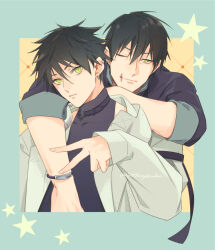 Rule 34 | 2496oyakodon, 2boys, arm on another&#039;s shoulder, arm over shoulder, black choker, black hair, black shirt, blue background, bracelet, choker, closed mouth, cropped torso, ear piercing, earrings, father and son, fushiguro megumi, fushiguro touji, green eyes, grey jacket, halter shirt, halterneck, jacket, jewelry, jujutsu kaisen, long sleeves, looking at viewer, male focus, mature male, multiple boys, one eye closed, piercing, scar, scar on face, scar on mouth, shirt, short hair, smile, v, yellow background