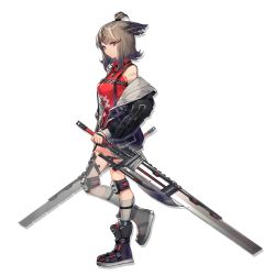 Rule 34 | 1girl, animal ears, arknights, bandaid, bandaid on shoulder, bare shoulders, black footwear, black jacket, boots, breasts, cutter (arknights), dual wielding, fox ears, full body, grey hair, grey socks, hair ornament, hairclip, half updo, holding, holding sword, holding weapon, jacket, knee pads, kneehighs, long sleeves, looking at viewer, medium breasts, off shoulder, official art, open clothes, open jacket, red eyes, red shirt, reverse grip, shirt, short hair, sleeveless, sleeveless shirt, socks, solo, standing, sword, thigh strap, transparent background, weapon, xiayehongming