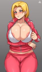 Rule 34 | 1girl, absurdres, alternate breast size, android 18, areola slip, belly, blonde hair, blue eyes, blush, bra, breast hold, breasts, cameltoe, cleavage, cleavage reach, cleft of venus, collarbone, commentary, covered erect nipples, curvy, dragon ball, dragon ball super, english commentary, fingernails, grey background, hair intakes, highres, huge breasts, jacket, jmg, large areolae, legs together, looking at viewer, mature female, paid reward available, pants, partially unzipped, pink jacket, pink pants, pink track suit, short hair, solo, standing, sweatdrop, thick thighs, thighs, track pants, underwear, white bra