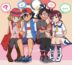Rule 34 | ..., 2boys, 2girls, ?, antenna hair, ash ketchum, baseball cap, black hair, black shorts, blonde hair, blouse, blue bow, blue eyes, blue footwear, blue vest, blush, boots, bow, brown eyes, brown footwear, chloe (pokemon), coat, creatures (company), dark-skinned male, dark skin, game freak, gen 4 pokemon, goh (pokemon), green eyes, grey footwear, grey shirt, grin, hand on another&#039;s hip, hat, looking at another, looking at phone, multiple boys, multiple girls, musical note, nintendo, no pupils, open mouth, phone, pink headwear, pink shirt, poke ball symbol, pokemon, pokemon (anime), pokemon (creature), pokemon journeys, pokemon xy (anime), purple hair, purple shorts, red coat, rotom, rotom phone, sara bon, school uniform, serena (pokemon), shirt, shoes, shorts, sitting, smile, sneakers, speech bubble, thighhighs, twitter username, vest, yaoi