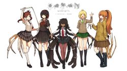 Rule 34 | 5girls, :d, ahoge, arm behind back, arthropod girl, arthropod limbs, artist name, black footwear, black hair, black serafuku, blonde hair, blue eyes, blunt bangs, boots, breasts, brown hair, bug, cardigan, comic, commentary request, dark-skinned female, dark skin, english text, fangs, green eyes, hair between eyes, hair ornament, hair ribbon, hair scrunchie, hairband, hand on own chest, hand up, highres, holding, holding whip, insect girl, jacket, kneehighs, lansane, long hair, long sleeves, looking at viewer, medium breasts, multiple girls, neckerchief, necktie, open mouth, orange hair, original, outstretched arms, personification, pleated skirt, ponytail, razor, red eyes, red hair, ribbon, rubber boots, school uniform, scrunchie, serafuku, shoes, short hair, short sleeves, skirt, small breasts, smile, socks, spider, spider girl, spread arms, straight razor, tongue, tongue out, twintails, uniform, whip, white background