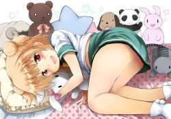 Rule 34 | 10s, 1girl, :d, battle girl high school, bed, blonde hair, blush, clothes lift, double bun, frilled pillow, frills, fujisaka lyric, looking at viewer, lying, on side, open mouth, pillow, red eyes, skirt, skirt lift, smile, solo, stuffed toy, watagi michelle