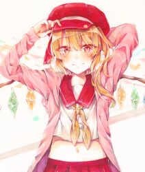 Rule 34 | 1girl, absurdres, alternate costume, blonde hair, blush, cabbie hat, closed mouth, contemporary, crystal, flandre scarlet, hair between eyes, hat, highres, imoko hyp, jacket, light smile, long sleeves, looking at viewer, marker (medium), medium hair, midriff, multicolored wings, navel, neckerchief, one side up, pink jacket, pleated skirt, red eyes, red hat, red sailor collar, red skirt, sailor collar, school uniform, serafuku, skirt, solo, touhou, traditional media, wings, yellow neckerchief
