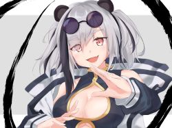 Rule 34 | 1girl, :d, animal ears, arknights, black hair, breasts, cleavage, cleavage cutout, clothing cutout, commentary request, eyewear on head, fang, feater (arknights), grey background, head tilt, highres, jacket, large breasts, long hair, long sleeves, looking at viewer, multicolored hair, open clothes, open jacket, open mouth, panda ears, pink eyes, silver hair, smile, solo, streaked hair, sugihiro, sunglasses, twintails, upper body