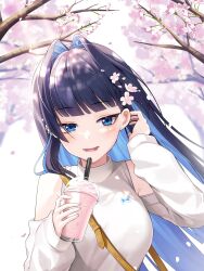 Rule 34 | 1girl, absurdres, bag, blue eyes, blue hair, blush, cherry blossoms, clothing cutout, colored inner hair, cup, day, ddungddang, disposable cup, ear piercing, hair intakes, handbag, highres, holding, holding cup, hololive, hololive english, long hair, long sleeves, lower teeth only, multicolored hair, official alternate costume, open mouth, ouro kronii, outdoors, piercing, shoulder cutout, smile, solo, teeth, turtleneck, virtual youtuber