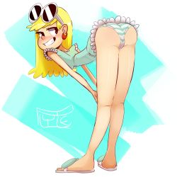 Rule 34 | 1girl, ass, bent over, blonde hair, blush, breasts, brown eyes, earrings, full body, glasses, grin, highres, jewelry, legs, legs together, leni loud, long hair, looking at viewer, looking back, nickelodeon, panties, polyle, sandals, small breasts, smile, solo, striped clothes, striped panties, sunglasses, sunglasses on head, teeth, the loud house, underwear