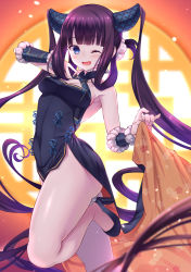 Rule 34 | 1girl, backlighting, bare shoulders, black dress, black footwear, blue eyes, blunt bangs, blush, breasts, china dress, chinese clothes, cleavage, detached sleeves, dress, emanon123, fate/grand order, fate (series), floral print, hair ornament, high heels, highres, large breasts, long hair, looking at viewer, one eye closed, open mouth, purple hair, smile, solo, thighs, twintails, very long hair, window, yang guifei (fate), yang guifei (second ascension) (fate)