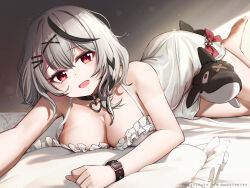 Rule 34 | 1girl, absurdres, barefoot, belt collar, between legs, black collar, black hair, blush, breasts, camisole, cleavage, collar, grey hair, hair ornament, hairpin, highres, hololive, large breasts, looking at viewer, medium hair, multicolored hair, open mouth, qiaogun damodao, red eyes, sakamata chloe, sakamata chloe (1st costume), smile, solo, streaked hair, virtual youtuber, white camisole, x hair ornament