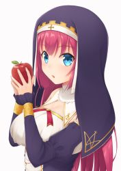 Rule 34 | 1girl, apple, avila (oshiro project), blue eyes, breasts, food, fruit, holding, holding food, holding fruit, large breasts, long hair, looking at viewer, midoriyama soma, nun, oshiro project:re, oshiro project:re, red hair, simple background, solo, upper body, white background