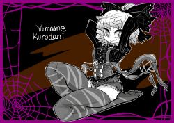 Rule 34 | 1girl, alternate costume, arms behind back, black background, bow, breasts, brown background, corset, extra eyes, framed, hair bow, hair bun, hip focus, kurodani yamame, looking to the side, medium breasts, monochrome, purple theme, short shorts, shorts, silk, single hair bun, smile, solo, spider web, thighhighs, thighs, touhou, two-tone background, yt (wai-tei)